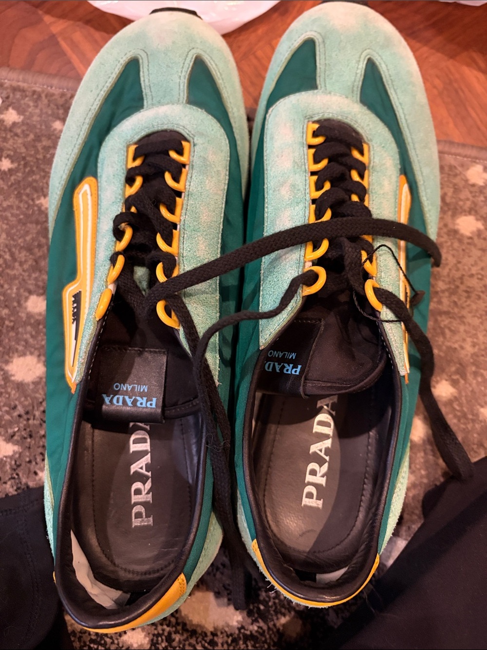 Prada Men’s Teal Suede & Nylon Sneakers with Yellow Accents